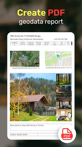 PDF geodata report generator showing photo collection with maps and location metadata export functionality