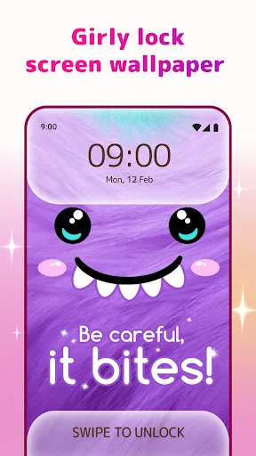 Cute purple monster lock screen wallpaper with funny quote 'Be careful it bites' and time display