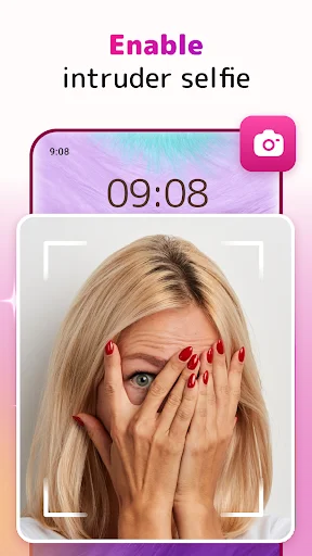 Intruder selfie capture feature showing unauthorized access attempt on cute lock screen app