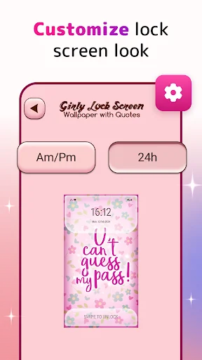 Customize lock screen settings with time format options and girly wallpaper preview