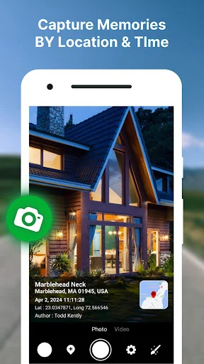 GPS Map Camera app interface showing house photo with location stamp for Marblehead MA and timestamp overlay