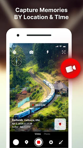 GPS Camera app recording video mode with aerial landscape view and Redlands California location geotag stamp