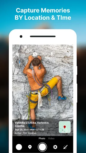 GPS Map Camera photo of rock climber with geotagged location stamp showing Czechia coordinates and timestamp