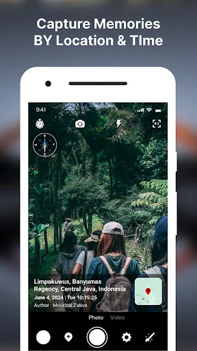 GPS Camera app capturing hiker photo with Indonesia location stamp and geographic coordinates overlay