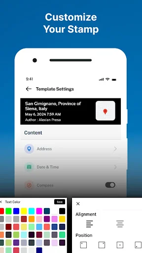 GPS Map Camera template settings screen with stamp customization options for text color and alignment
