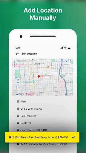 GPS Map Camera manual location editor with San Francisco map interface for adding custom geotag data