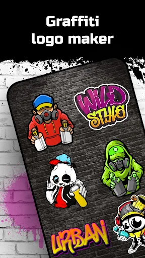 Graffiti logo maker app home screen showing hip hop stickers and urban graffiti designs on mobile phone display