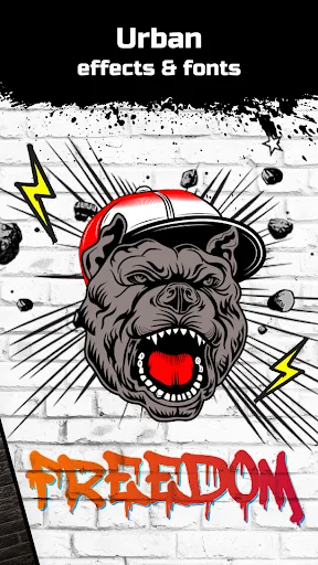 Urban graffiti font editor with bulldog graphic and FREEDOM text in spray paint style on brick wall background