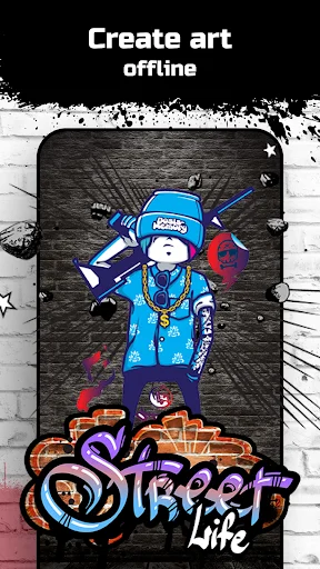 Street life graffiti design with cartoon character and urban spray paint text working offline