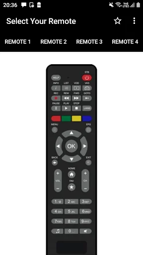 GTPL Remote Control app showing Remote 1 with navigation buttons, number pad, and colored control keys