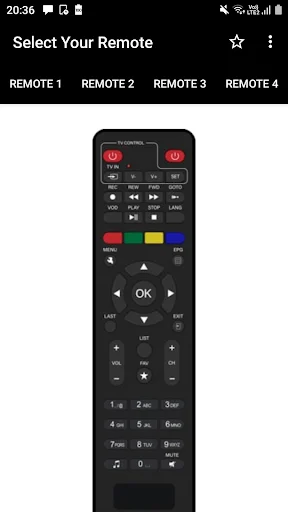 GTPL Remote Control app displaying Remote 2 layout with directional pad, OK button, and numeric keypad