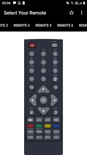 GTPL Remote Control app Remote 5 showing navigation controls and multi-function button layout