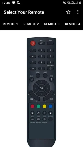 Hathway Remote Control app showing Remote 1 option with numeric keypad, OK button, and colored control buttons