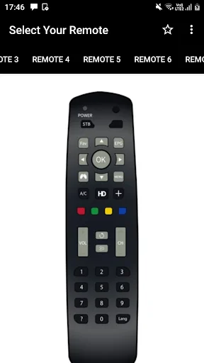 Hathway Remote Control app Remote 5 option showing STB power controls, navigation pad, and colored function buttons