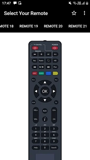 Hathway Remote Control app Remote 20 displaying dual power buttons, OK navigation, and full numeric keypad