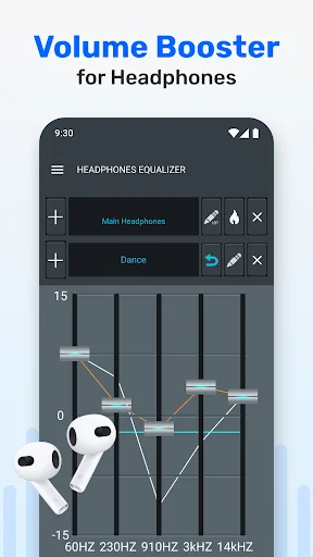 Volume Booster headphones equalizer app showing 5-band frequency sliders with preset controls and earbuds