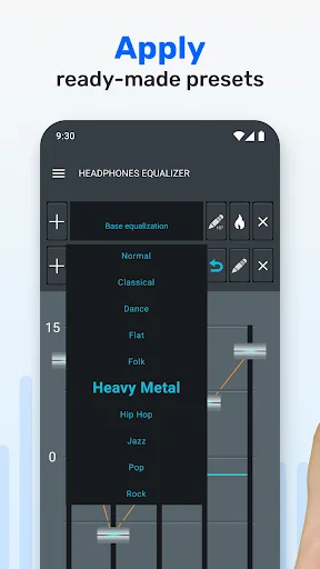 Sound equalizer app preset menu displaying Heavy Metal, Hip Hop, Jazz, Rock and other ready-made audio profiles
