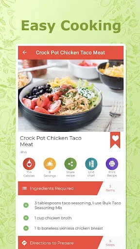 Crock Pot Chicken Taco Meat recipe detail page with ingredients list, prep time, and cooking action buttons