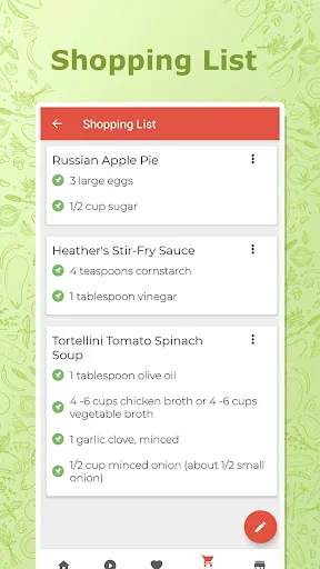 Shopping List feature displaying organized ingredients for Russian Apple Pie, Stir-Fry Sauce, and Tomato Soup