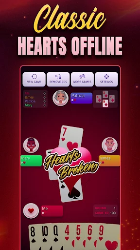 Classic Hearts offline card game showing gameplay with hand of cards and Hearts Broken status in single player mode