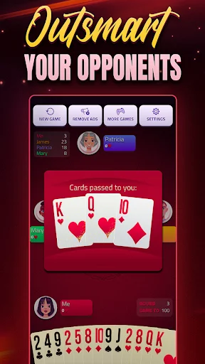 Hearts card game passing phase showing three cards passed to player before trick-taking gameplay begins