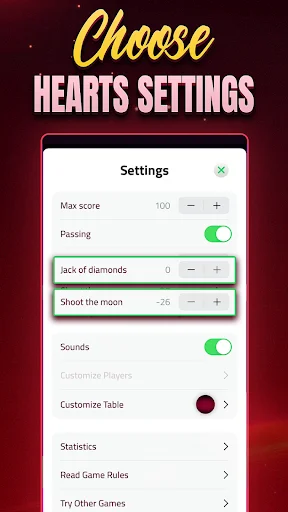 Hearts game settings menu with customizable rules including max score, passing, shoot the moon, and sounds options