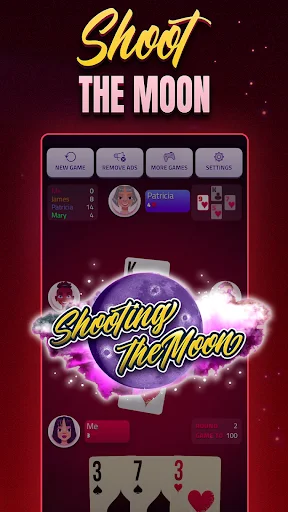 Shoot the Moon feature in Hearts card game with special animation during offline single player gameplay