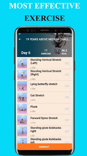 Day 6 exercise list with standing vertical stretches, butterfly stretch, cat stretch, plank, and glute kickbacks
