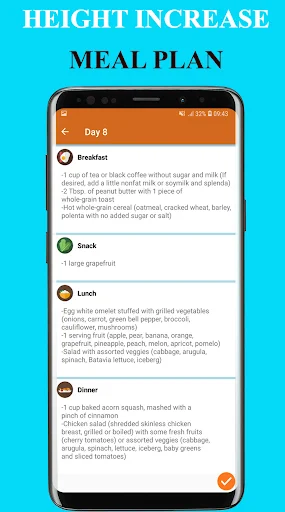 Day 8 meal plan with breakfast, snack, lunch, and dinner nutrition guidance for height growth