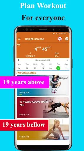 Workout planning interface showing difficulty levels for 19 years above, hard, and below categories