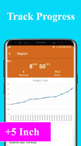 Progress report with 8 minute 50 second workout stats and height growth chart showing +5 inch increase