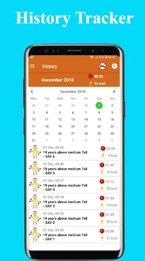 December 2018 history tracker calendar displaying daily workout sessions and completion status