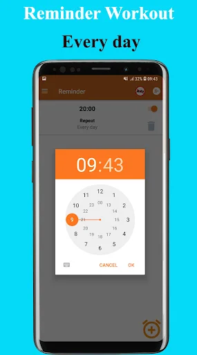 Daily workout reminder setup screen with time picker set to 09:43 AM for recurring notifications