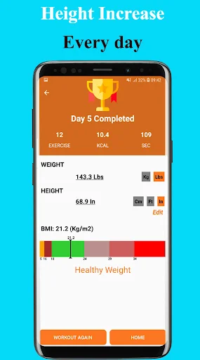 Day 5 completion summary showing 12 exercises, weight 143.3 lbs, height 68.9 in, and BMI 21.2