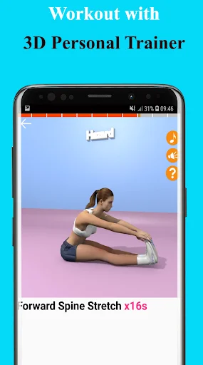 3D animated personal trainer demonstrating Forward Spine Stretch exercise with correct form