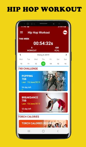 Hip Hop Workout main screen with timer, daily calendar, popping dance, breakdance, and torch calories challenges