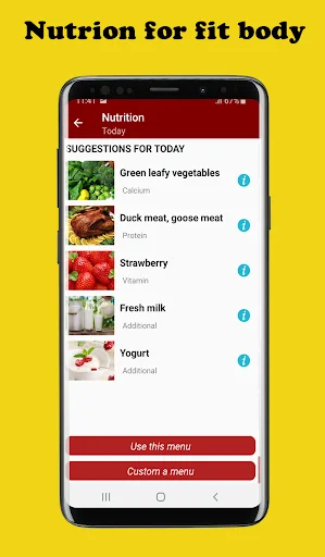 Hip Hop Workout nutrition feature with daily food suggestions including vegetables, meat, fruit, and dairy for fitness