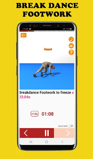 Breakdance footwork tutorial video with freeze movement technique, 23-minute duration, and auto-play controls