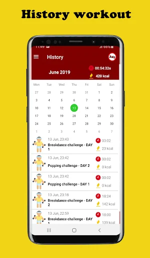 Hip Hop Workout history with calendar showing completed popping and breakdance challenges, days tracked, and calories