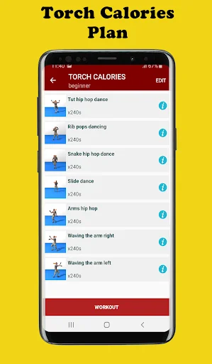 Torch Calories beginner workout plan listing hip hop dance exercises like tilt hops, kicks, snake dance, and arm movements