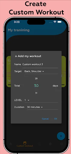 Create Custom Workout planner - Build personalized home workouts with target muscle groups and duration settings