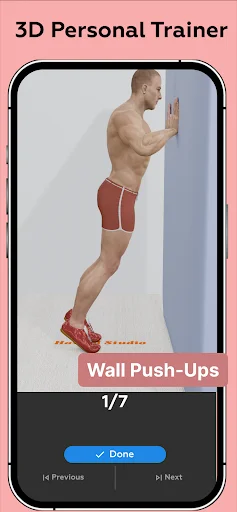 3D Personal Trainer Wall Push-Ups - Exercise 1 of 7 with form guidance and step-by-step instructions for home workouts