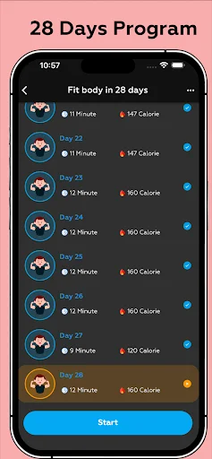 28 Days Fitness Program - Daily workout schedule showing workout duration, calorie burns, and progressive training plan