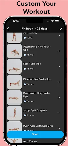 Custom Your Workout builder - Exercise library selection for Anti-Crease, Push-Ups, Lunges, and Burpees home routines