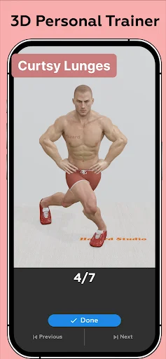 3D Personal Trainer Curtsy Lunges - Exercise 4 of 7 demonstrating proper form for lower body home workouts