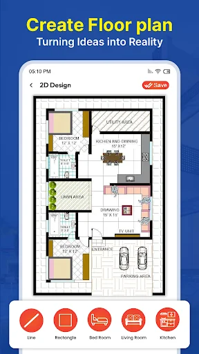 2D floor plan design interface showing room layouts, furniture placement, and drawing tools for creating custom floor plans