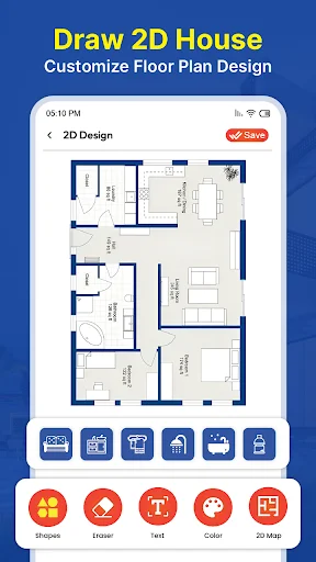 2D floor plan customization screen with blue outline design, room measurements, and drawing tools for home layout design