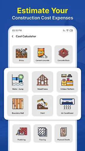 Construction cost calculator interface displaying material and labor expense categories including bricks, concrete, flooring, and roofing