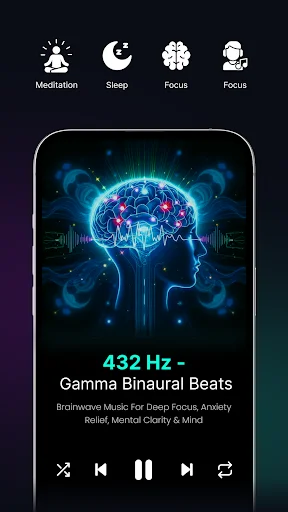 Hz Frequency player with 432 Hz Gamma Binaural Beats, brain visualization, and meditation, sleep, focus category icons