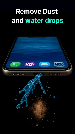 Phone speaker cleaner showing water and dust removal visualization with blue liquid splash effect for device maintenance